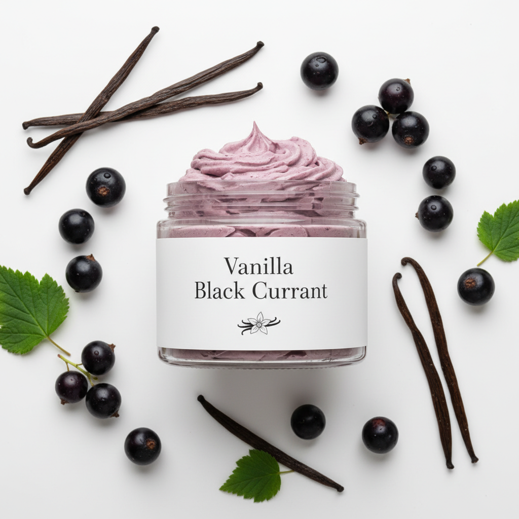 Vanilla Black Currant Whipped Body Butter - jar with label